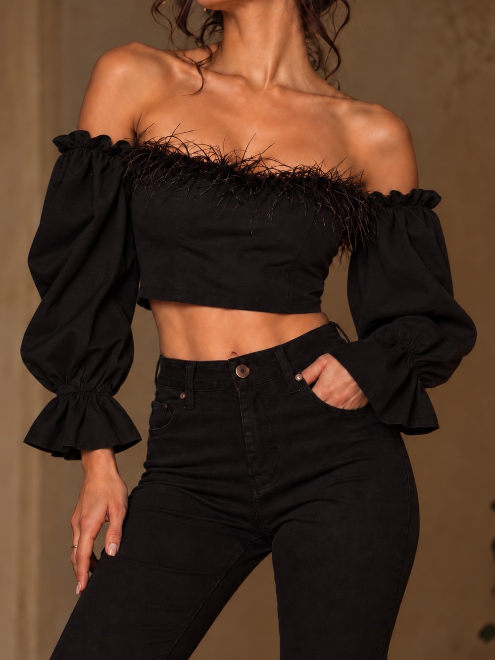 Free People Black Feather Trim Crop Top Romantic Goth Party Holiday L